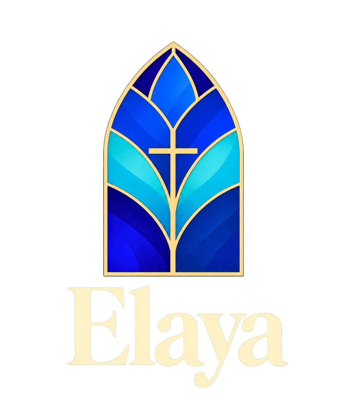 Elaya: a stained glass window with a cross at its centre